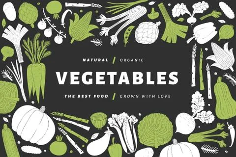 Fun hand drawn vegetables design template. Food background. Linocut style. He Stock Illustration