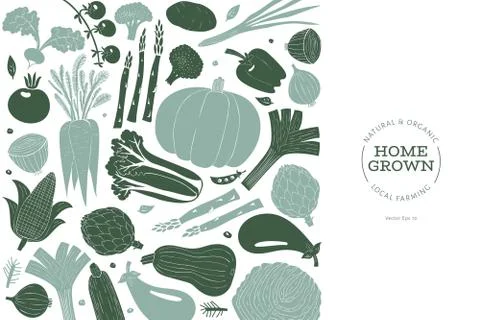 Fun hand drawn vegetables design template. Food background. Linocut style. He Stock Illustration