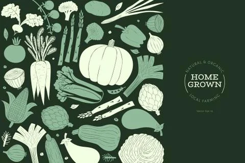 Fun hand drawn vegetables design template. Food background. Linocut style. He Stock Illustration