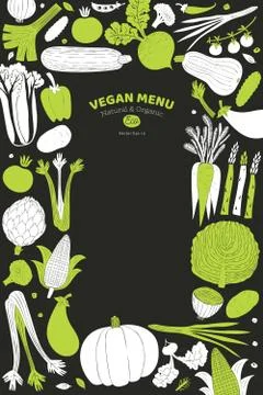 Fun hand drawn vegetables design template. Food background. Linocut style. He Stock Illustration