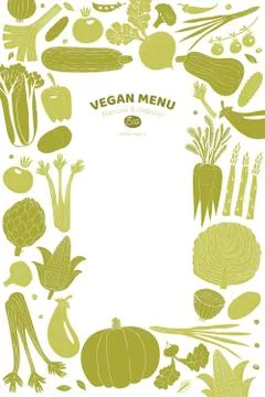 Fun hand drawn vegetables design template. Food background. Linocut style. He Illustrazione stock