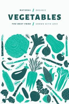 Fun hand drawn vegetables design template. Food background. Linocut style. He Stock Illustration