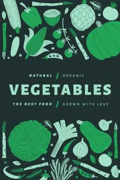 Fun hand drawn vegetables design template. Food background. Linocut style. He Stock Illustration