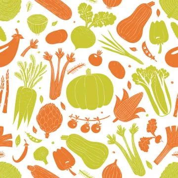 Fun hand drawn vegetables seamless pattern. Food background. Linocut style. H Stock Illustration