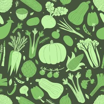 Fun hand drawn vegetables seamless pattern. Food background. Linocut style. H Stock Illustration