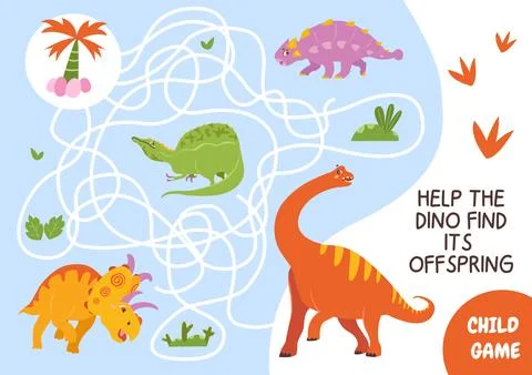 A fun labyrinth for children. Help Dino find his offspring. Illustrazione stock