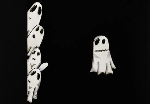 Fun little ghosts scaring each other, hiding behind a wall.Dark background. Illustrazione stock