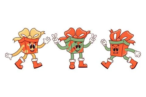 Fun, lively gift boxes. Retro character in cartoon fashionable groovy style. The Stock Illustration
