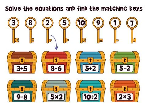 Fun math puzzle for kids with keys and treasure chests Stock Illustration