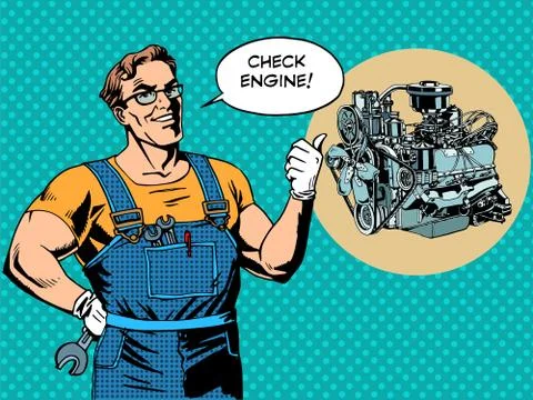 Fun mechanic check engine repair car Stock Illustration