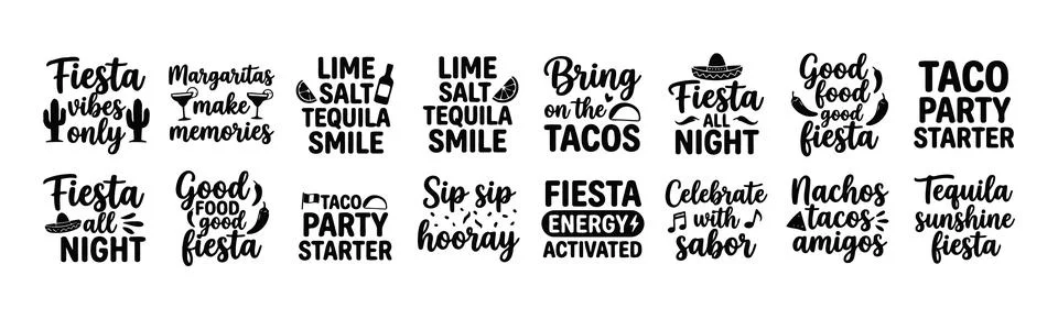 Fun Mexican Fiesta and Taco Party Typography Bundle with Tequila Quotes Stock Illustration