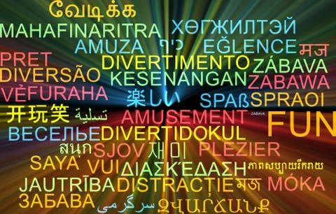 Fun multilanguage wordcloud background concept glowing Stock Illustration