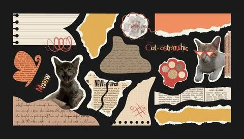 Fun Paper elements for Collage with Cat. Torn and cut shapes from note sheets Stock Illustration