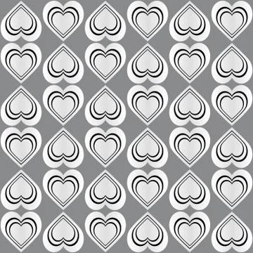 Fun pattern with black and white hearts on grey background relief effect Illustrazione stock