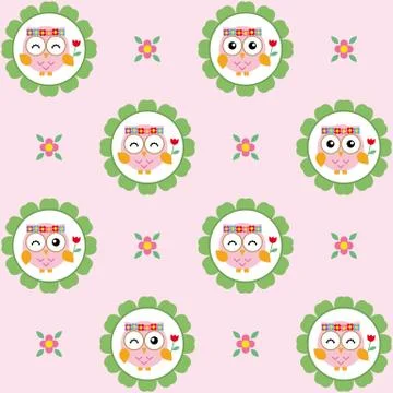 Fun pattern with owls and flowers on pink background Illustrazione stock