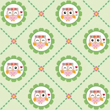 Fun pattern with owls flowers and leaves on green background Illustrazione stock