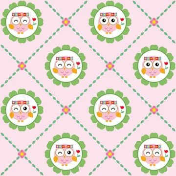 Fun pattern with owls flowers and leaves on pink background Illustrazione stock