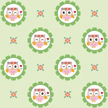 Fun pattern with owls flowers on green background Stock Illustration