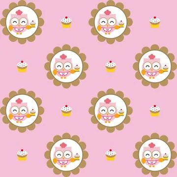 Fun pattern with pastry chef owl and chocolate cupcakes on pink background イラスト素材