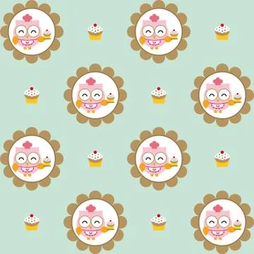 Fun pattern with pastry chef owl and chocolate cupcakes on blue background イラスト素材