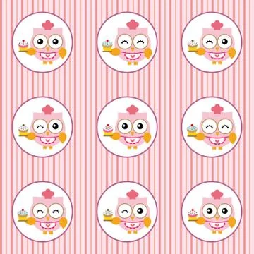 Fun pattern with pastry chef owl and cupcakes on colorful background Stock Illustration