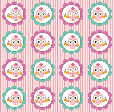 Fun pattern with pastry chef owl and cupcakes on pink background Stock Illustration
