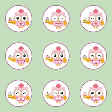 Fun pattern with pastry chef owl and cupcakes on green background Illustrazione stock