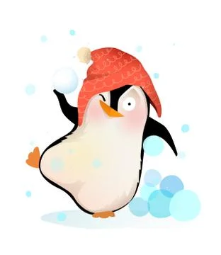 Fun Penguin Playing Throwing Snowballs Wearing Hat Stock Illustration