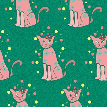 Fun Pink Cat Vector Repeat Pattern On A Decorative Green Backdrop Illustrazione stock