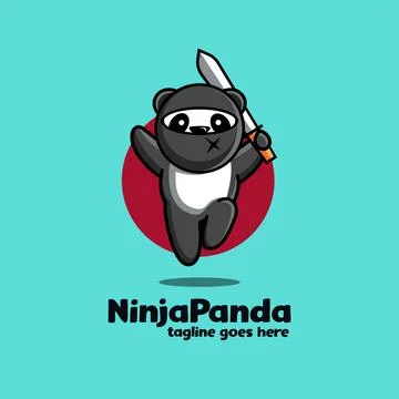 Fun playful jumping Ninja panda mascot cartoon logo icon vector illustration Stock Illustration