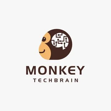 Fun playful simple monkey head with digital connection circuit brain logo Stock Illustration