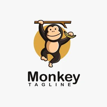 Fun playful swing monkey holding banana logo vector icon mascot cartoon Stock Illustration