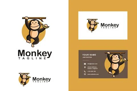 Fun playful swing monkey holding banana logo vector icon mascot cartoon Stock Illustration