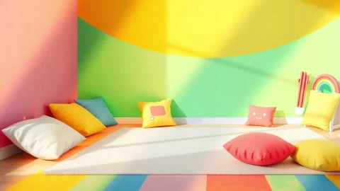 Fun Playhouse: Rainbow Arch Wall Design with Pillows, Rugs, and More, A Dream H Stock-Footage 318051383
