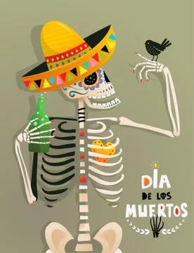 Fun Poster with Skeleton and bird for Day of the Dead Mexican holiday Stock Illustration