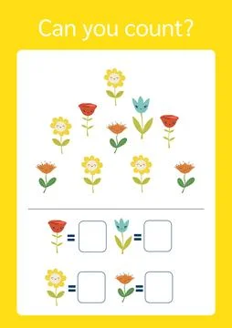 Fun preschool math counting in vector format. Count the kawaii flowers Stockillustratie