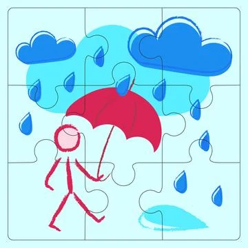 Fun Puzzle with simple Man, Umbrella under clouds with Rain. Bad weather, cloudy Stock Illustration