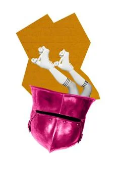 Fun scene of legs in striped socks sticking out of pink bag Stock Photos