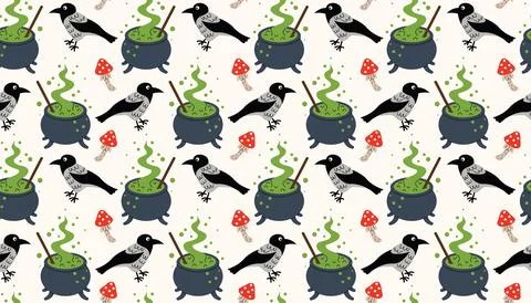 Fun seamless Halloween pattern with bubbling cauldrons, dark ravens, and re.. 스톡 일러스트