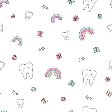 Fun Seamless Pattern For Children With Smiling Teeth Butterflies Rainbows And Stock Illustration