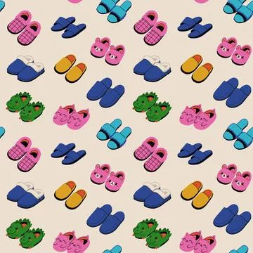 Fun Seamless Pattern of Cozy Slippers with Animals Stock Illustration