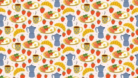 Fun seamless pattern in flat cartoon style featuring plates with eggs and b.. Stock Illustration