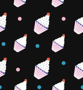 Fun seamless pattern with sweet cupcakes and and dots on the black background Stock Illustration