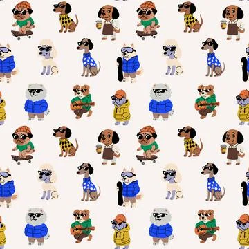 Fun Seamless Pattern of Trendy Dogs with Accessories Illustrazione stock