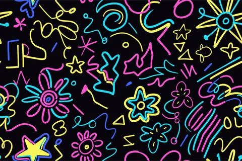 Fun shapes children seamless pattern. Flower geometric neon bright color funky Stock-Illustration