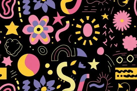 Fun shapes children seamless pattern. Flower geometric neon bright color funky Stock-Illustration