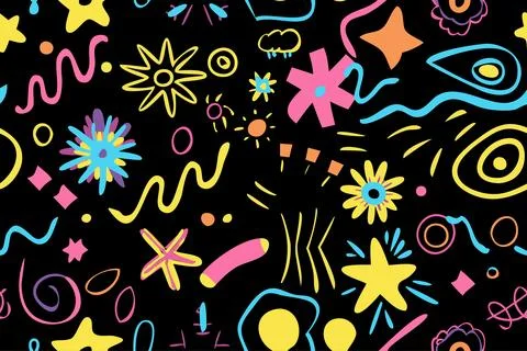 Fun shapes children seamless pattern. Flower geometric neon bright color funky Stock Illustration