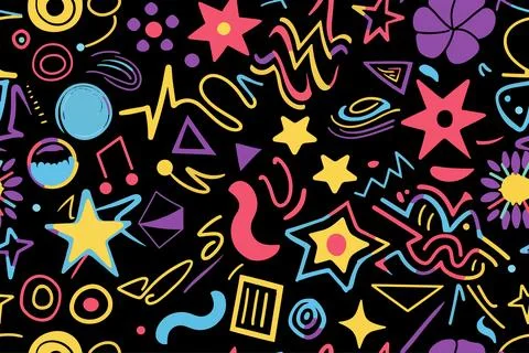 Fun shapes children seamless pattern. Flower geometric neon bright color funky Stock Illustration