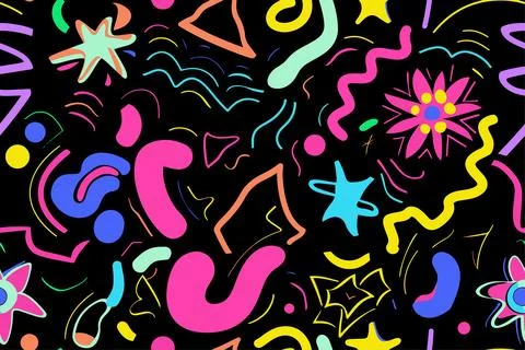 Fun shapes children seamless pattern. Flower geometric neon bright color funky Illustrazione stock