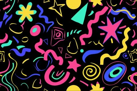 Fun shapes children seamless pattern. Flower geometric neon bright color funky Stock Illustration